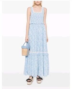 Love Shack Fancy Brentlin Maxi Dress M Blue Floral Tiered Ruffle Crochet Smocked